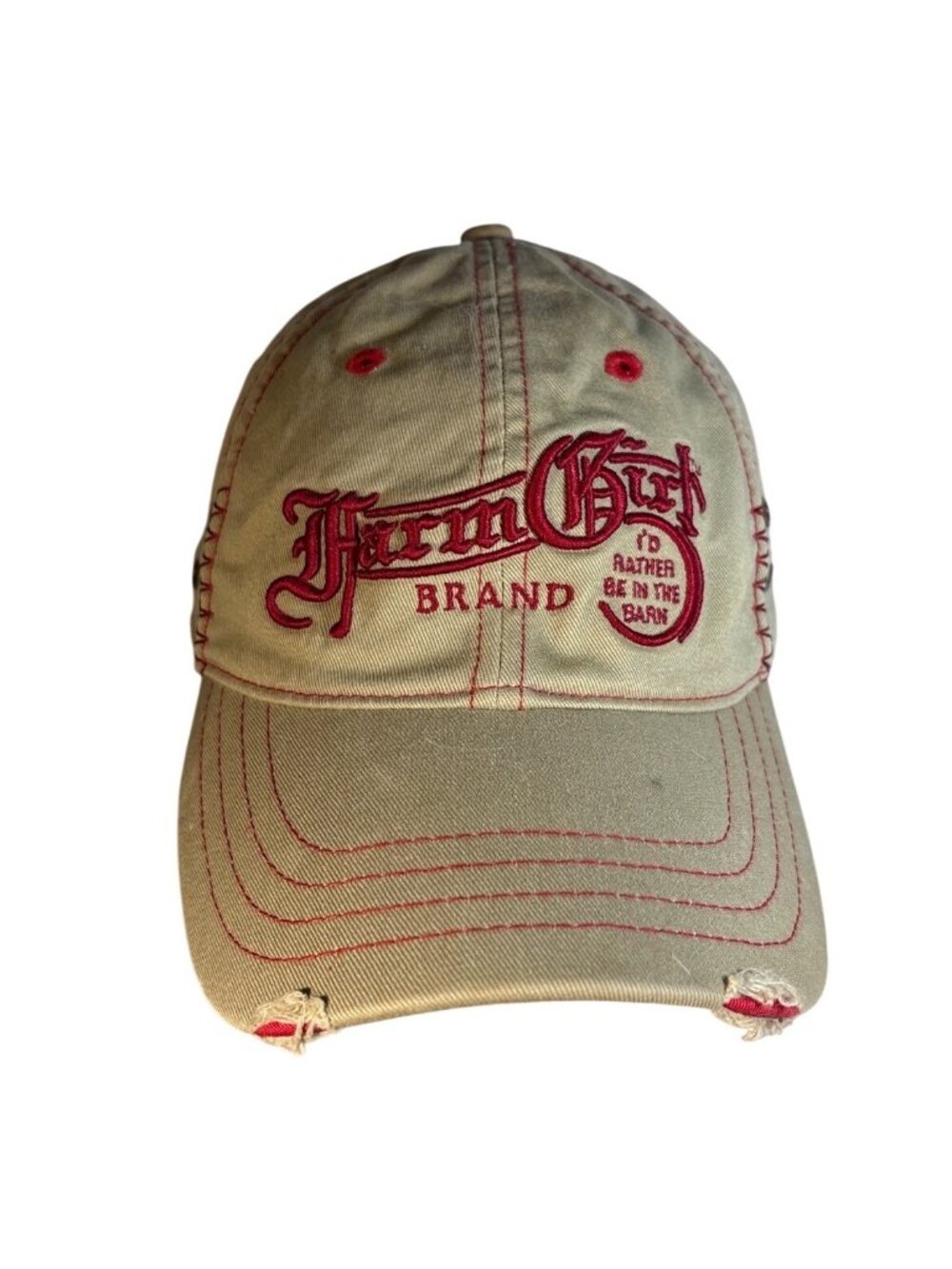 Farm Girl Brand Hat Beige & Red Distressed Cap Embroidered Details Adjustable